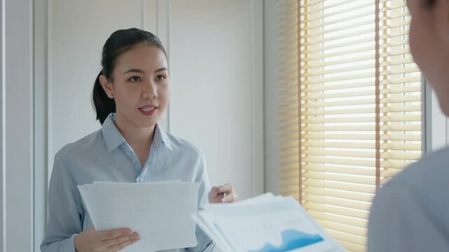 Young Female Leader, Asia People Lady Or Mba Student Happy Standing Smile Look At In Front Of Mirror Pep Talk For Sale Pitch Hold Paper Document Script Public Speak Skill For Job Career Self Improve.