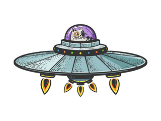 Cartoon cat fly on UFO flying saucer spaceship color line art sketch engraving vector illustration. T-shirt apparel print design. Scratch board imitation. Black and white hand drawn image.