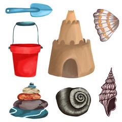 Summer time set on isolated white background. Sand toys, bucket, shovel. Sand castle. Sea stones and shells. Raster illustration in the style of realism