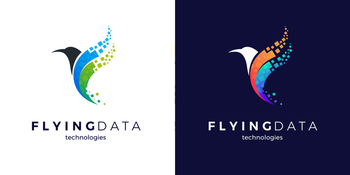 Colorful pixel bird logo design in two variants