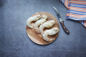 top view of king prawn on plate on table.