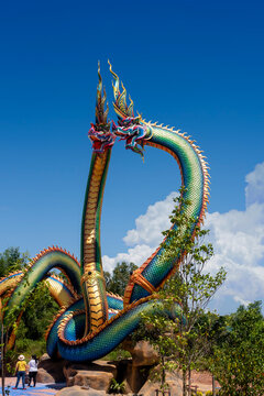 Udon Thani, Thailand - 21 June 2021 : Twin Stucco painted as a large serpent at Pra kai keaw wang nakin, Located at Ban Don swan, Phen District, Udon Thani, Thailand.