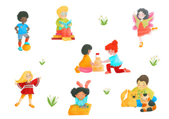Set of  children playing, dancing, reading. Perfect for stickers, nursery. Happy childhood.