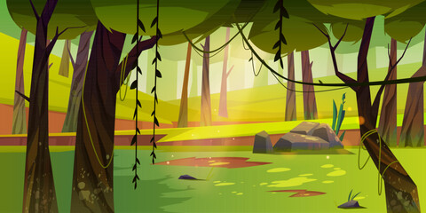 Cartoon forest background, nature landscape with deciduous trees, moss and lianas on trunks and rocks, grass, bushes and sunlight spots on ground. Scenery summer or spring wood, vector illustration © klyaksun