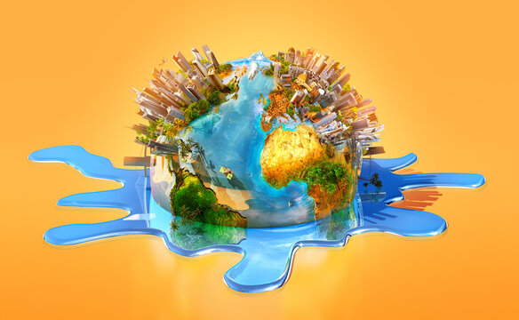 Heat wave: planet Earth, world globe melting 3d illustration. Hot summer sun, high temperature background. Global warming environmental ecological problems, climate change, green house effect concept