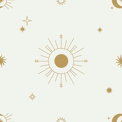 Sun, moon and stars on a cream background. Vector seamless pattern