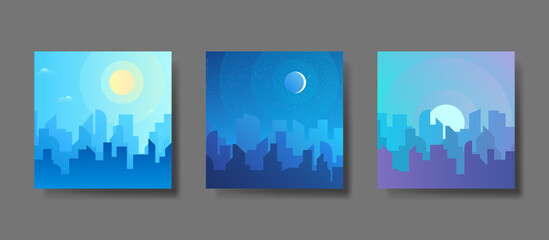 Morning, day and night city skyline landscape, town buildings in different time and urban cityscape town sky. Daytime cityscape. Architecture silhouette vector background collage set. Flat design