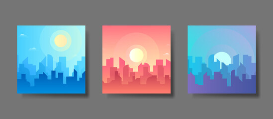 Morning, day and night city skyline landscape, town buildings in different time and urban cityscape town sky. Daytime cityscape. Architecture silhouette vector background collage set. Flat design