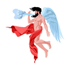 north wind Boreas, Greek god in red drapery, flying on wings, mythological character, weather concept, color vector illustration isolated on white background in cartoon and flat design