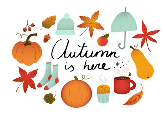 Set of autumn clip art with hand drawn lettering - Autumn is here. Pumpkins, hot chocolate, warm socks, falling leaves and umbrella