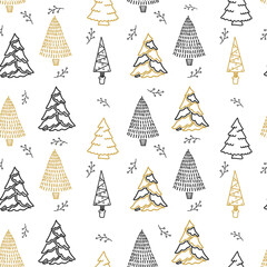 Seamless pattern for Christmas on a white background with gold elements. Beautiful pattern for gift wrapping papers, greeting cards, decoration.