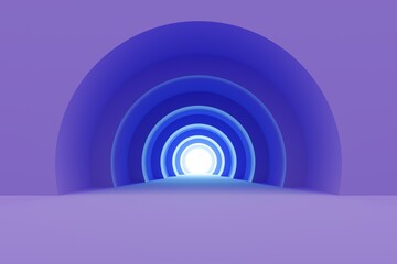 Pastel purple background arch tunnel with glowing architectural elements 3d illustration