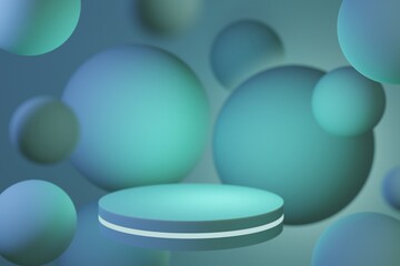 Antigravity glowing podium on the background of blue flying balls 3d illustration