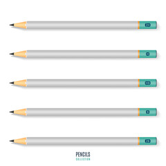 set of realistic sharpened gray pencils with shadow isolated on white background. stationery for drawing and work. vector illustration
