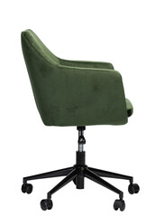 Green velvet office luxury chair with wheels isolated on white background