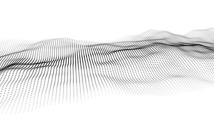 Abstract white wave with moving dots. Flow of particles. Vector cyber technology illustration.