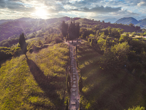 Aerial view of beautiful terraces countryside during sunlight. Montevecchia, Lecco, Italy