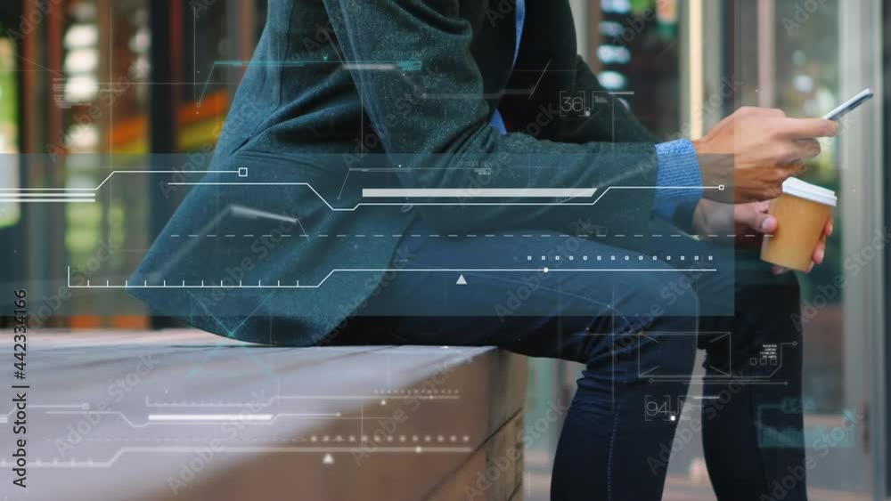Poster animation of data processing over businessman using smartphone
