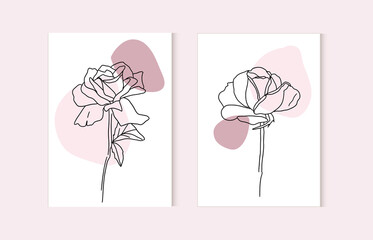 Botanical rose wall art. Modern abstract line rose. Pink background with different shapes. For wall decoration, postcard, cover design. Vector illustrations design.