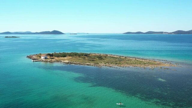 Aerial view of beautiful island of St Justina on Adriatic sea in Croatia, near town of Pakostane