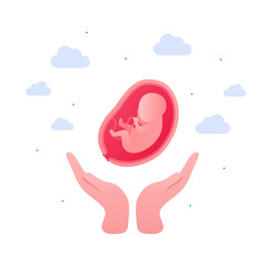 Pregnancy baby care and in vitro fertilization concept. Vector flat healthcare illustration. Human hands hold embryo in womb. Design for healthcare, education.