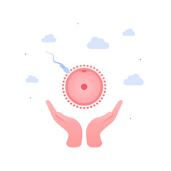 Human fertilization concept. Vector flat icon illustration. Human hand holding sperm runs toward egg symbol.