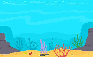 Fototapeta na wymiar Underwater landscape with algae and corals. Marine underwater life. Vector illustration background.