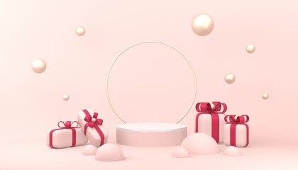 Pink pedestal or podium with cute presents on pastel pink background for product demonstration.  3D rendering.