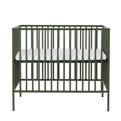 Green metal isolated baby crib box bed on white background