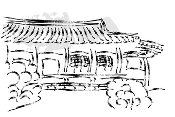 Obraz premium Traditional korea building or korea village hand drawing isolated on white background.