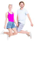 Vertical full length studio portrait of cheerful young adult Caucasian man and woman jumping together, white background