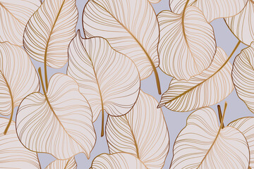 Gold colocasia palm leaves tropical plant seamless pattern , monstera background in violet white pastel color