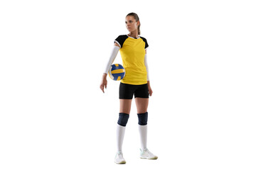 Young female volleyball player isolated on white studio background. Woman in sport's equipment and shoes or sneakers training and practicing. - Powered by Adobe