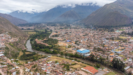 Aerial view of the town of Urubamba in the Sacred Valley of Cusco