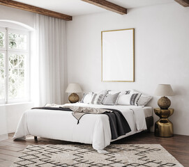 Mockup frame in luxury Hampton style bedroom interior, 3d render - obrazy, fototapety, plakaty