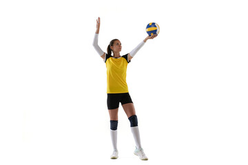 Female professional volleyball player with ball isolated on white studio background. The athlete, exercise, action, sport, healthy lifestyle, training, fitness concept.