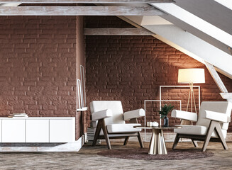 Rustic living room in attic, loft interior, 3d render
