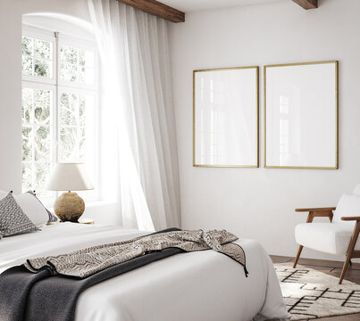 Mockup frame in luxury Hampton style bedroom interior, 3d render