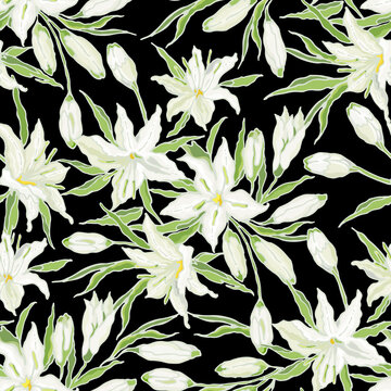 White Casa Blanca Oriental Lily. Seamless Pattern Of Flowers, Buds And Leaves. Vector Illustration.