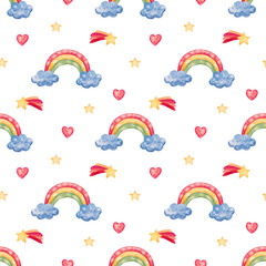 Fototapeta premium Watercolor seamless pattern with a magical rainbow, clouds and stars on a white background. Illustration for children's textiles and nursery design
