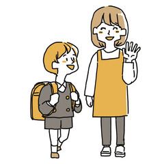 小学生の子供を見送るママ