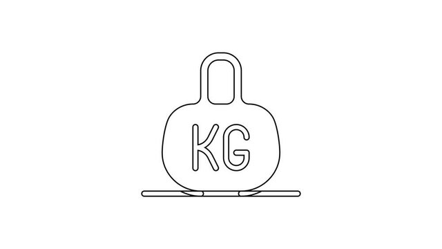 Black line Weight icon isolated on white background. Kilogram weight block for weight lifting and scale. Mass symbol. 4K Video motion graphic animation