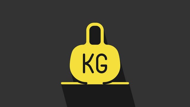 Yellow Weight icon isolated on grey background. Kilogram weight block for weight lifting and scale. Mass symbol. 4K Video motion graphic animation