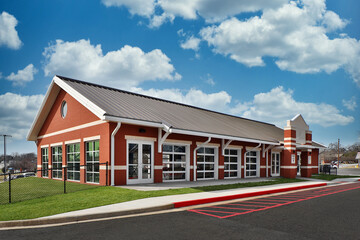 Exterior of brick pavilion office building