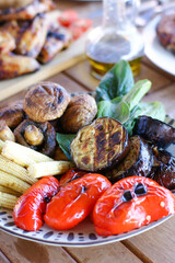 Grilled vegetables. Fried zucchini, mushrooms, sweet peppers, eggplant, corn.