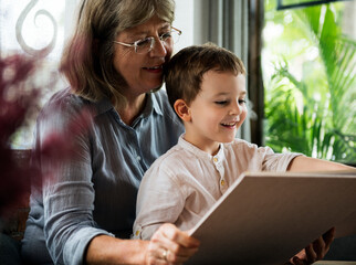 Grandmother Grandson Family Reading Leisure