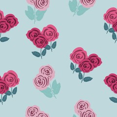 Seamless repeat pattern of rose flowers bouquets on green background for backdrop banner pose paper , background, wallpaper, summer, spring, blossom, leaf,  illustration, vintage, plant, art, fabric, 