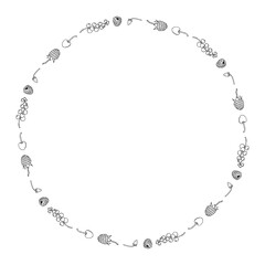 Round frame with black-and-white raspberry, currant, wild strawberries and  cherry on white background. Vector image.