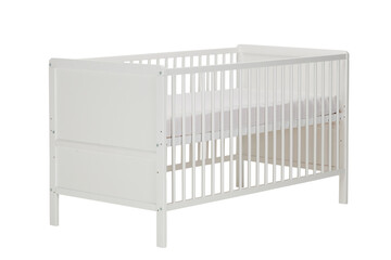 White wooden baby bed on a white isolated background