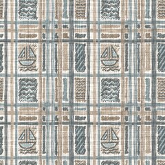 Azure blue white sailboat linen texture. Seamless textile effect background. Weathered doodle motif dye pattern. Coastal cottage beach home decor. Modern sailing marine fashion repeat cotton cloth.
